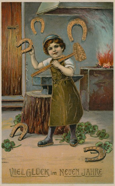 Niño herrero haciendo herraduras de oro para la suerte de Año Nuevo. Tarjeta postal enviada el 31 de diciembre de 1913. de German School