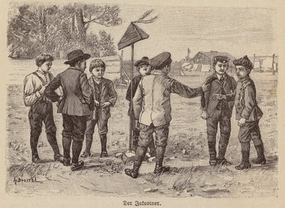 Chicos jugando al juego de la gorra jacobina (grabado) de German School