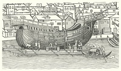 Construcción de un gran barco de navegación marítima a finales del siglo XV de German School