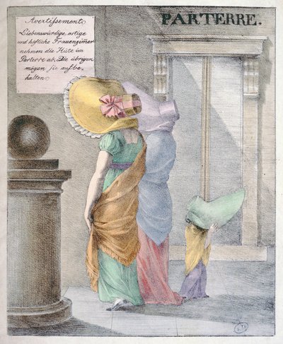 Caricatura ridiculizando la moda de las damas de usar sombreros enormes, circa 1820 de German School