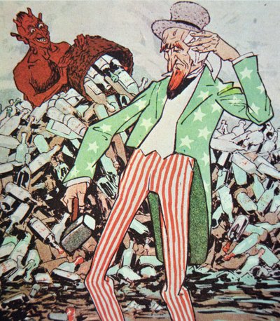 Caricatura que muestra a Tío Sam exhausto por el flujo de contrabando producido por el diablo, durante la era de la Prohibición (1920-33) de German School