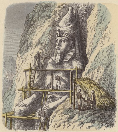 Tallando una estatua de un faraón egipcio antiguo en una roca de German School
