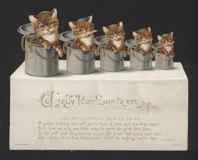Gatos en cubos, tarjeta de felicitación de Año Nuevo (cromolitografía) de German School