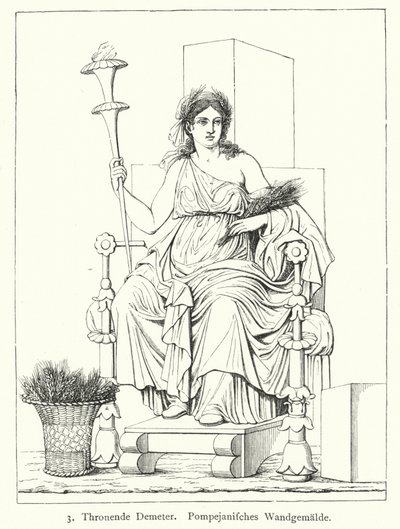 Ceres, diosa romana de la cosecha, entronizada, pintura mural de Pompeya (grabado) de German School
