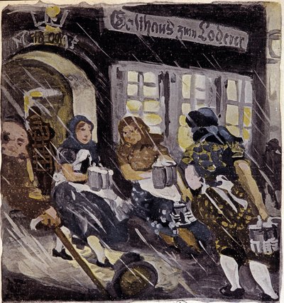 Personajes en la terraza de la cervecería Max Feldbauer bajo la nieve, Múnich, Alemania (grabado) de German School