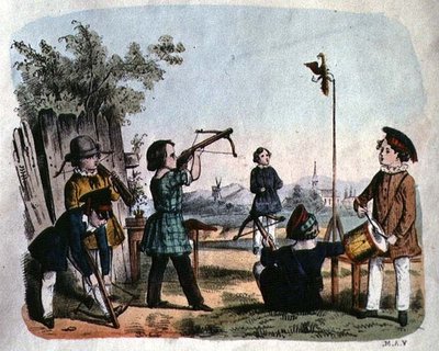 Niños disparando a un blanco con una arcabuz, c.1860 de German School