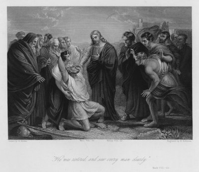 Cristo curando al ciego, Marcos VIII, 25 (grabado) de German School