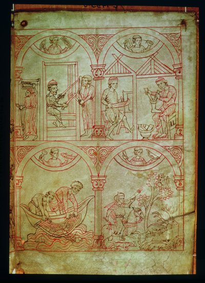 Codex 507 fol.2r Tejedor, Zapatero, Pescadores y Cazador, del Renner Musterbuch, c.1208-18 de German School