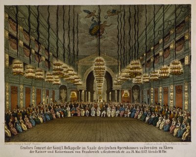 Concierto de la banda real en el auditorio de la Ópera de Dresde en honor de la pareja imperial, 1812 (litografía a color) de German School