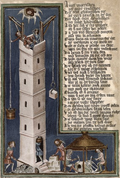 Construcción de la Torre de Babel, copia de un manuscrito del siglo XV de German School