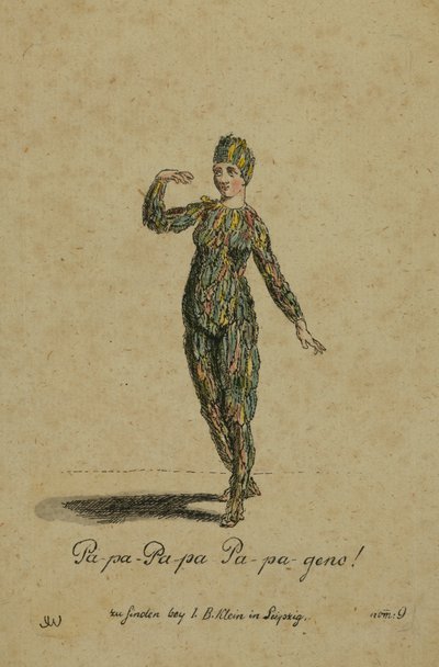 Diseño de vestuario para el papel de Papageno en la ópera La Flauta Mágica de Wolfgang Amadeus Mozart, publicada en Leipzig por I. B. Klein, 1793 de German School