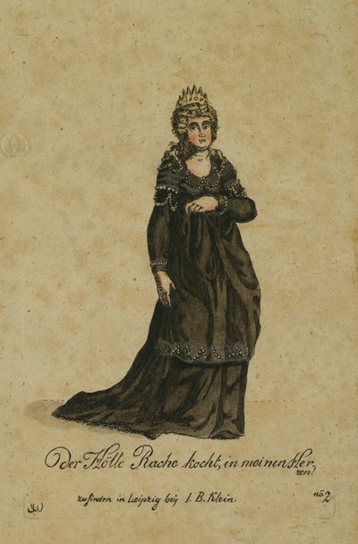 Diseño de vestuario para el papel de la Reina de la Noche en la ópera La Flauta Mágica de Wolfgang Amadeus Mozart, publicada en Leipzig por I. B. Klein, 1793 de German School