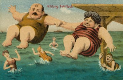 Pareja resbalando con grasa y cayendo al agua (litografía en color) de German School