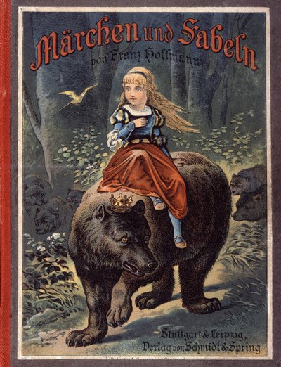 Portada de los cuentos de Franz Hoffmann “Cuentos y Fábulas: Von Prinzessin sternröschenw”: Una niña sobre un oso. Cromolitografía del siglo XIX. de German School