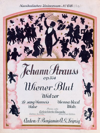 Portada de la partitura del famoso vals Wiener Blut op.354 de Johann Strauss II, 1930 de German School
