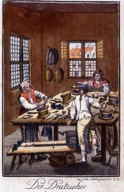 Oficio artesanal: el tirador de oro (estirador o avance de plata) en su taller. En “Descripción integral de artes y oficios y talleres para jóvenes” por Johan Peter Vue. Ed. Nuremberg, Weigel y Schneider de German School