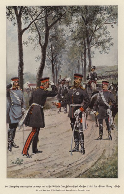 El Príncipe Heredero Federico de Alemania otorgando la Cruz de Hierro al Mariscal de Campo Helmuth von Moltke en nombre de su padre, el Kaiser Guillermo I de German School
