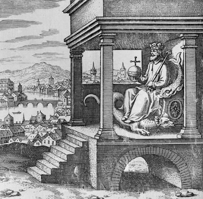 Rey coronado en el trono del Musaeum Hermeticum de German School