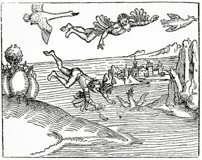 Dédalo, escapando de Creta con su hijo Ícaro, lo ve caer hacia su muerte, 1493 de German School