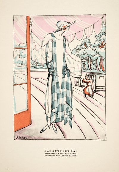 "Das Auto Ist Da!", anuncio de vestido de Marie Latz, de Styl, pub.1922 (impresión en pochoir) de German School