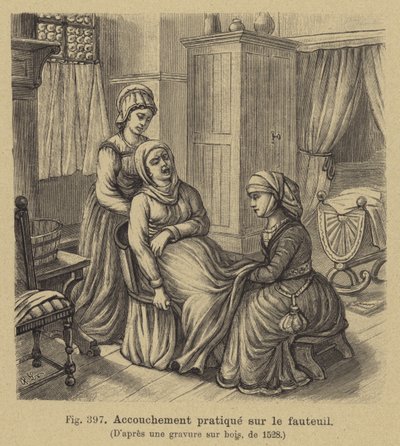 Parto con la madre sentada en una silla de parto, Siglo XVI de German School
