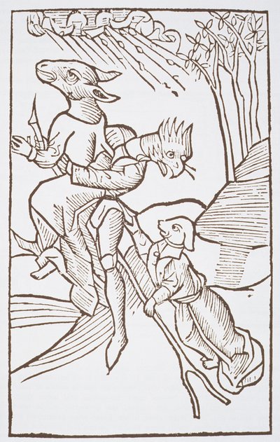 Partida para el Sabbath, copia de una ilustración de Von den Unholden oder Hexen por Ulrich Molior, Constanza 1489, usado en una Historia de la Magia, publicado a finales del siglo XIX de German School