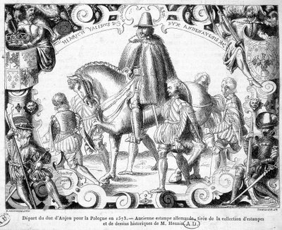 Partida del Duque de Anjou hacia Polonia en 1573 (elegido rey de Polonia, tomará posesión de su corona) - Una antigua impresión alemana de la colección de impresiones y dibujos históricos del Sr. Hennin de German School