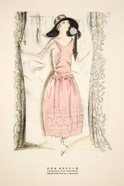 Der Besuch", Vestido de té de Gunther, de Styl, pub.1922 (impresión pochoir) de German School