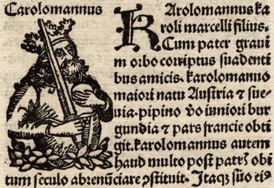 (detalle) de una hoja incunable original, representando a Carlomagno, antes de 1500 de German School