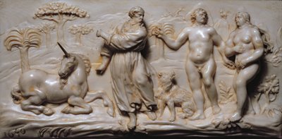 (detalle) de una placa de un Kunstcabinet del sur de Alemania, que representa a Adán y Eva de German School