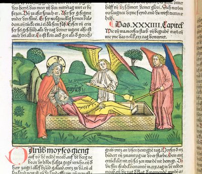 Deuteronomio 34 Muerte de Moisés, de la Biblia de Núremberg (Biblia Sacra Germanaica) de German School