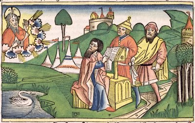Deuteronomio: Frontispicio en el que Dios hace las Leyes, de la Biblia de Núremberg (Biblia Sacra Germanaica) de German School