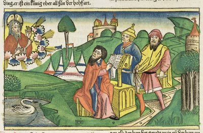 Deuteronomio: Frontispicio en el que Dios hace las Leyes, de la Biblia de Núremberg (Biblia Sacra Germanaica) de German School