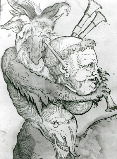 Diablo tocando la cabeza de un hombre como gaita, 1144 (xilografía) de German School