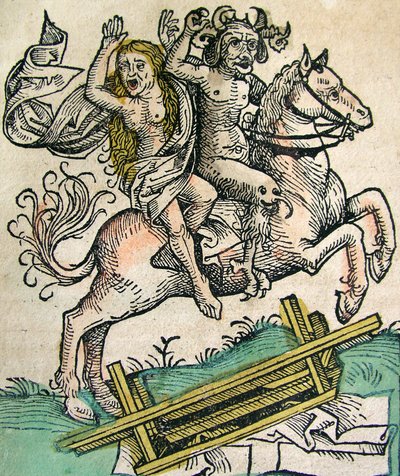 Diablo y una mujer a caballo, publicado en la Crónica de Núremberg, 1493 de German School