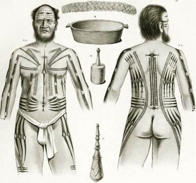 Diagrama que muestra varios artefactos polinesios y diseños de tatuajes, 1888 de German School