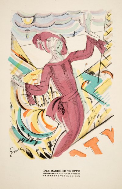 "Die Rasende Treppe", anuncio de un vestido de Eugen Mossner, de Styl, pub.1922 (impresión en pochoir) de German School