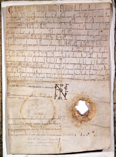 Diploma para el hospital de Mantua fechado el 10 de julio de 1158. El documento está firmado por el Emperador alemán Federico I Barbarroja (1122 - 1190). Archivo Nacional de Milán. de German School