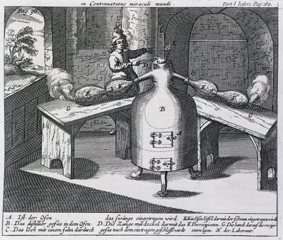 Destilación de ácido nítrico (Aqua fortis o ácido de separación) en un hombre de hierro con dos narices de German School
