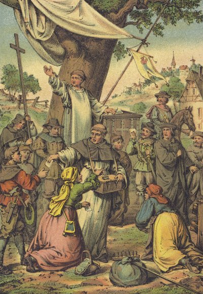 Fraile dominico Johann Tetzel repartiendo indulgencias por dinero de German School