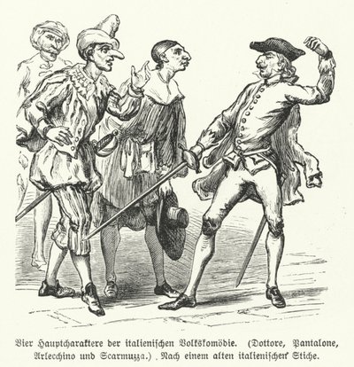 Dottore, Pantalone, Arlecchino y Scaramuccia, cuatro personajes de la Commedia dell