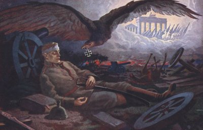 Águila entregando la Cruz de Hierro a un soldado alemán caído en el campo de batalla (litografía en color) de German School