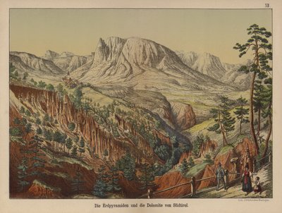 Pirámides de tierra y las montañas Dolomitas, Tirol del Sur (litografía a color) de German School