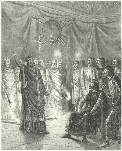 Edmundo Rich, arzobispo de Canterbury, amenazando al rey Enrique III con la excomunión de German School