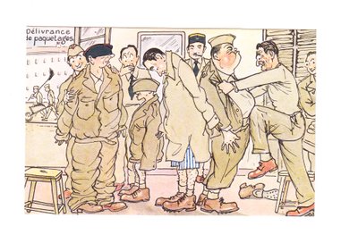 Postal humorística eduardiana de nuevos reclutas examinados en una estación del ejército, c.1910 de German School