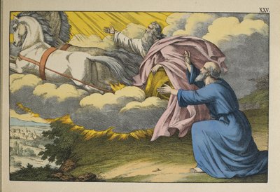 Elías asciende al Cielo en un torbellino dejando a su discípulo Eliseo para continuar su obra, ilustración de L