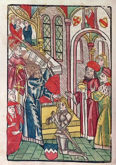El emperador Segismundo (1367-1437) de Luxemburgo nombrando caballero de German School