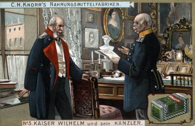 Emperador Guillermo I de Alemania y Prusia (1797-1888) y el Canciller Otto von Bismarck (1815-1898) discuten asuntos políticos. Cromolitografía, finales del siglo XIX. de German School