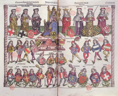 Emperador y electores del Sacro Imperio Romano con veinticuatro nobles alemanes presentando sus escudos de armas de German School