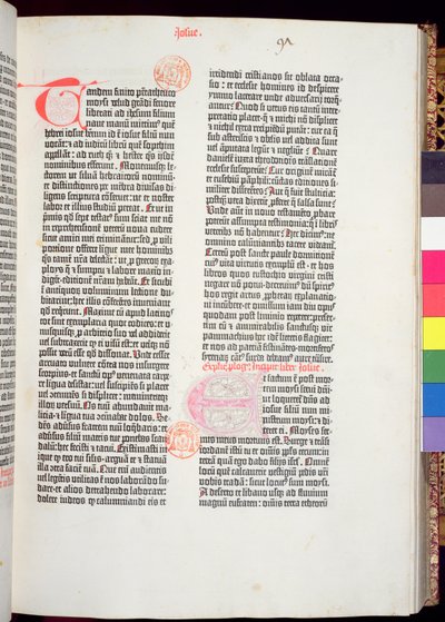Fin del Pentateuco y comienzo del Libro de Josué, de la Biblia de Gutenberg, impresa por Johannes Gutenberg (c.1400-68) y Peter Schoeffer (1425-1502) en Maguncia, 1454-56 de German School